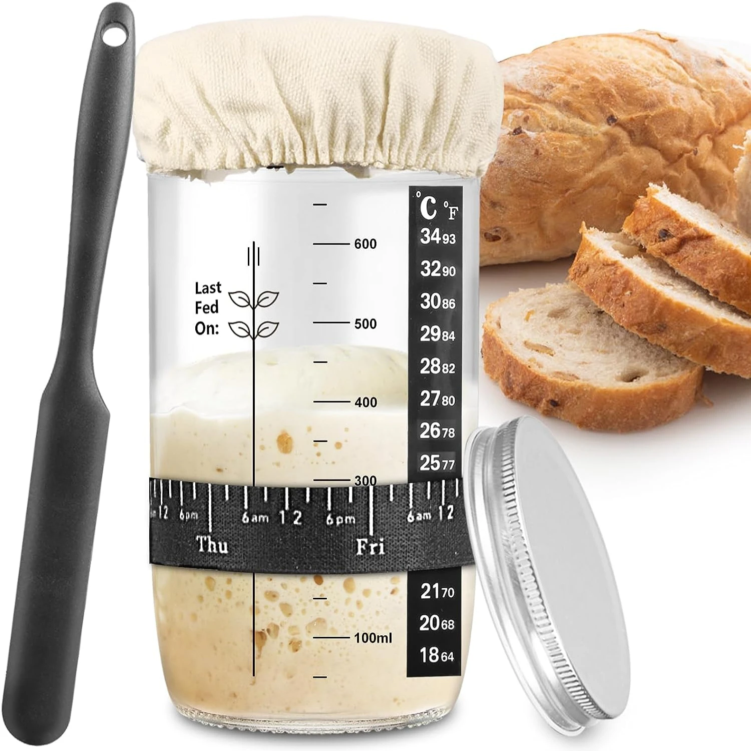 Ideal Kit de suministros para hornear pan de masa fermentada reutilizable de primera calidad con banda de alimentación marcada por fecha, termómetro, cubierta de tela y tapa de metal