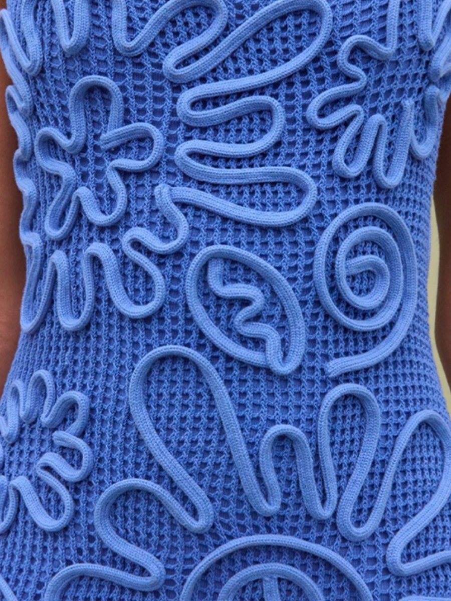 VGH 섹시 비치 슬림 니트 드레스 여성용 홀터 슬리브리스 하이웨이스트 스플라이스 3D 플로럴 휴가 스타일 드레스 여성 여름