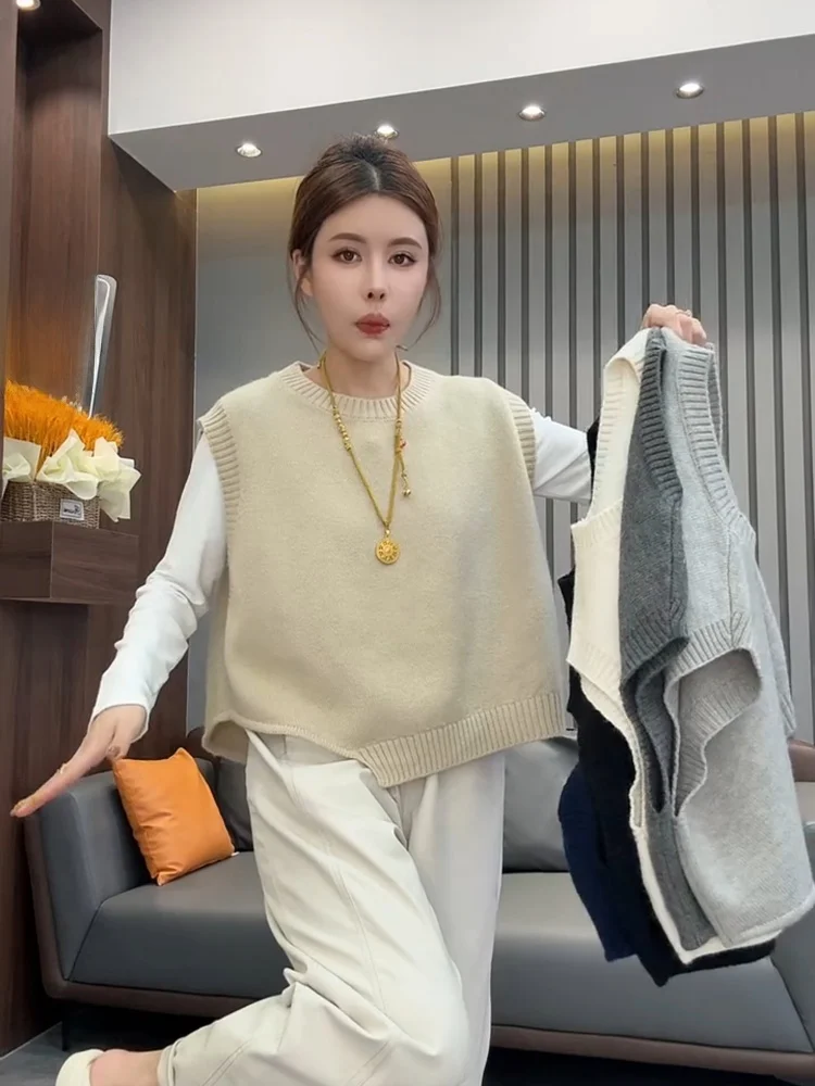 韓国風スリルーズニットスウェットラウンドネックベストレディース春秋ファイオントップカジュアル快適ノンオーマデザイン