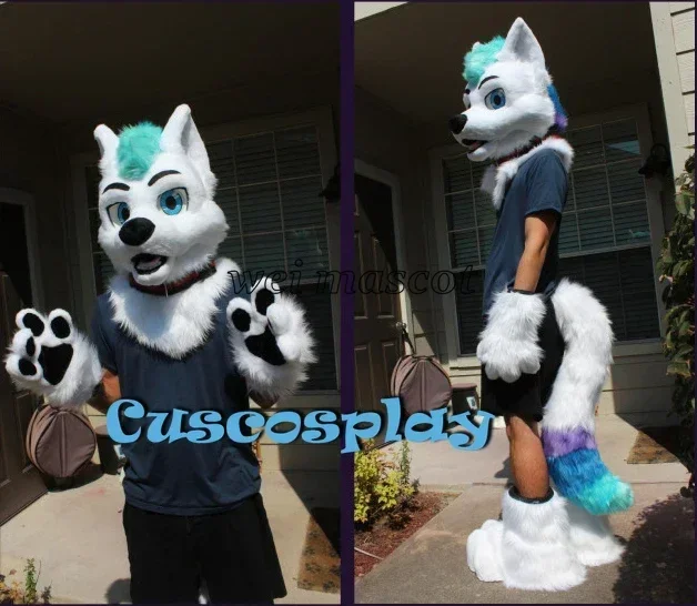 

White Green Long Fur Husky Dog Fox Fursuit Furry Mascot Costume Head Tail Gloves Suit Cosplay Fancy Dress Adult Outdoor Props