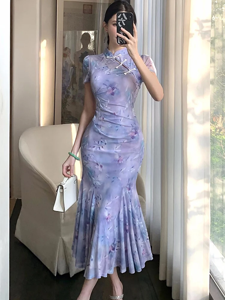 

Женское модное платье с цветочным принтом, коротким рукавом и воротником-стойкой, длинное, 2026, корейское, элегантное, роскошное, с оборками, летнее, шикарное, облегающее, Vestidos