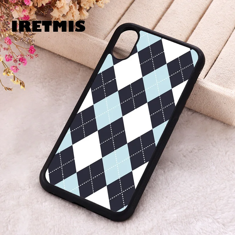 Iretmis Phone Cover Case For iPhone X XS Max XR 11 12 13 PRO MINI 14 15 16 Plus Rubber Silicone argyle blue pattern