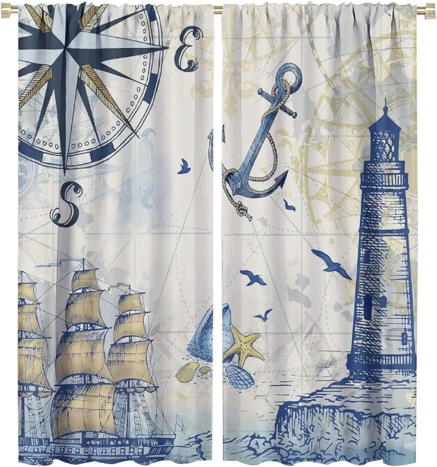 Nautical Window Curtains, Rustic Vintage Sailboat Window Treatments Lighthouse Compass Anchor Window Drapes for Bedroom Living