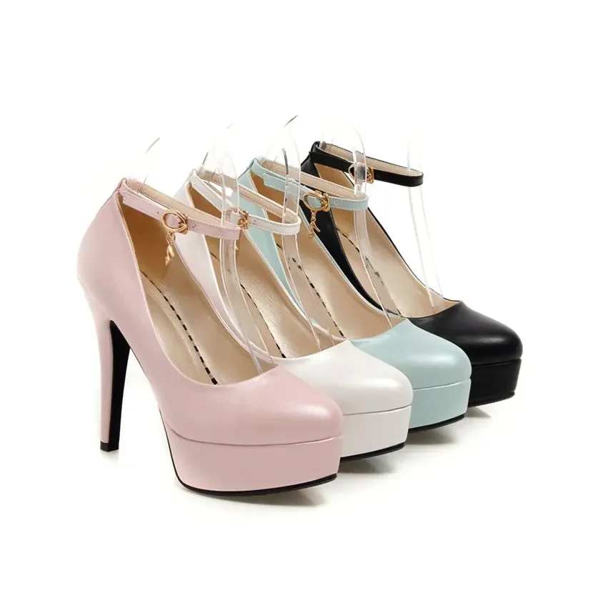 White Party Women Platform Pumps High Spike Heel Round Toe Black Blue Pink PU Wedding Office Club Lady Ankle Strap Thin Stiletto