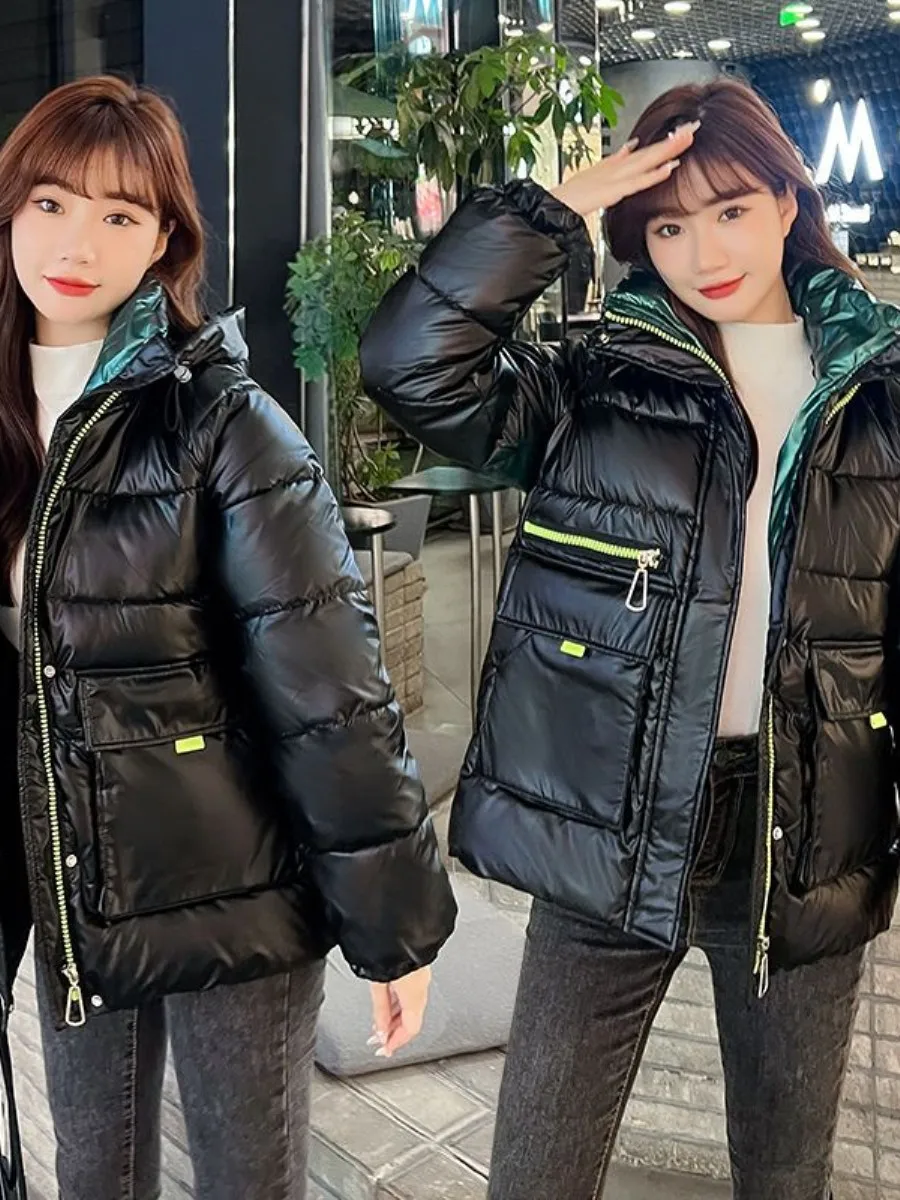 

Women's Loose Long Bright Leather Cotton Jacket Winter Coat Comfortable Warm Thickened Casual Style Detachable Hooded Coat