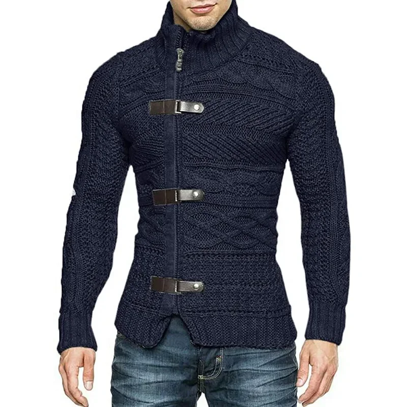 

Men Sweaters Autumn Winter High Neck Sweater Men's Leather Buckle Long Sleeve Knitted Cardigan Coat Large Size Men Clothing