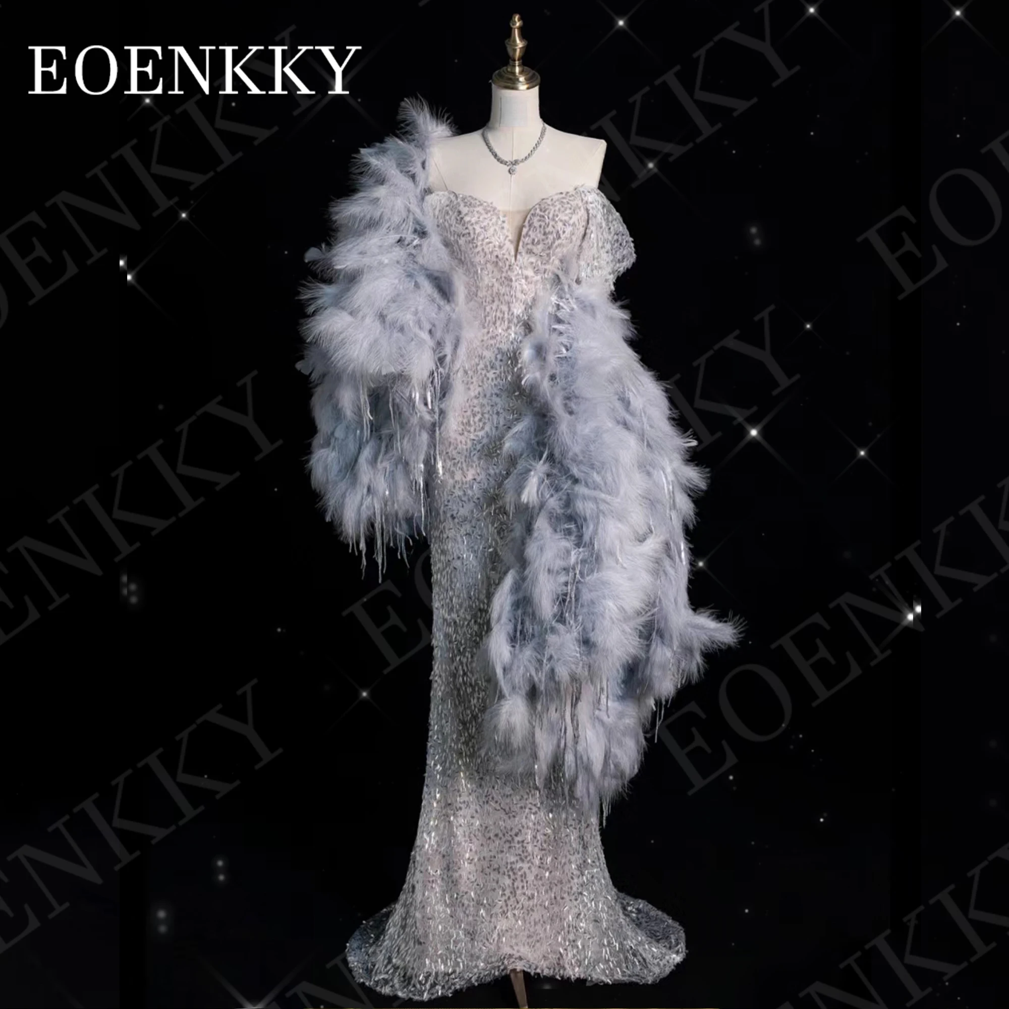 

EOENKKY Luxury Evening Dresses Dubai Customized Bling Sparkly Sequin Mermaid Wedding Party Dress with Feather Shawl Off Shoulder