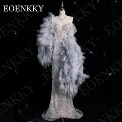 EOENKKY Luxury Evening Dresses Dubai Customized Bling Sparkly Sequin Mermaid Wedding Party Dress with Feather Shawl Off Shoulder