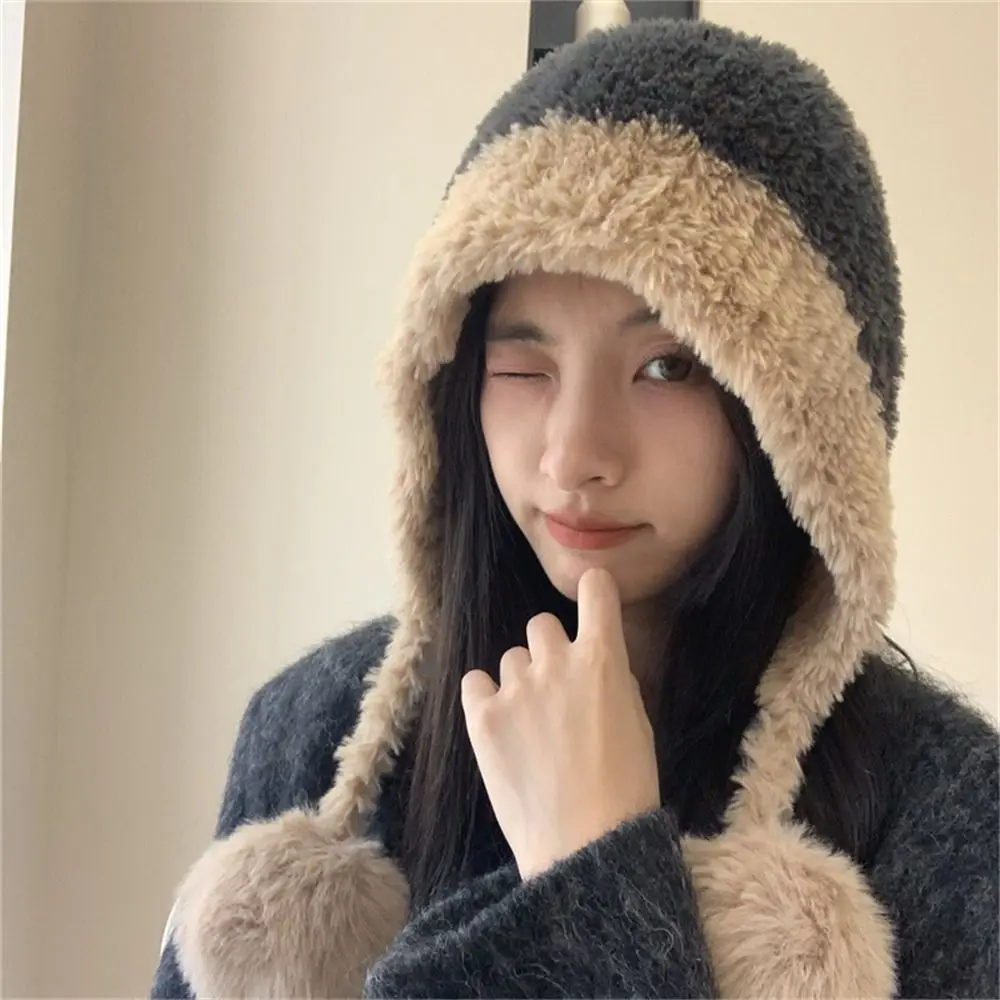 Cute Warm Thickened Plush Hat Windproof Coldproof Solid Color Ear Protection Bonnet Caps for Outdoor Riding