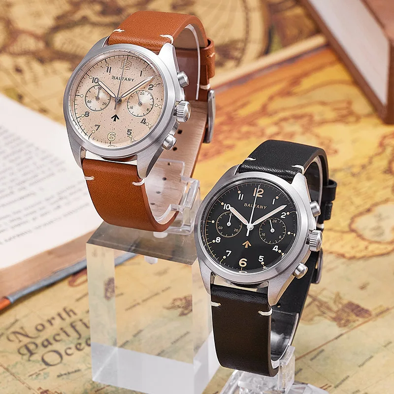 Baltany Herren Fliegeruhr Chronograph 39mm Panda Militär Quarz Armbanduhr Sport Saphir 50M Wasserdicht VK64 C3 Leuchtend