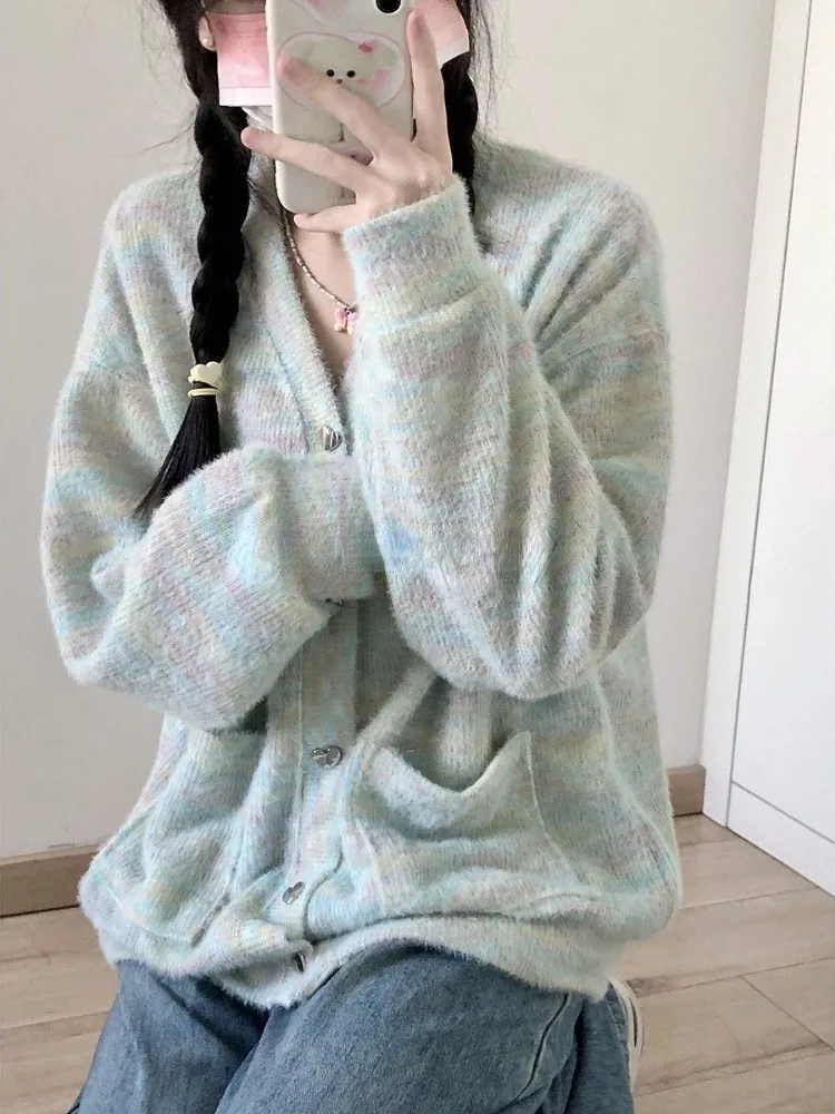 Cute Iridescence Knitted Cardigans Loose Sweet Y2k Aesthetic Single Breaste Tops Contrast Color Grunge Harajuku Sweaters Women