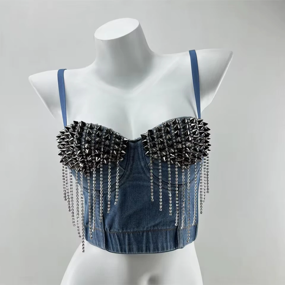

Europe And The United States Beaded Denim Corset Female Tassel Sling Back Bra Sexy Gathered Undershirt Female