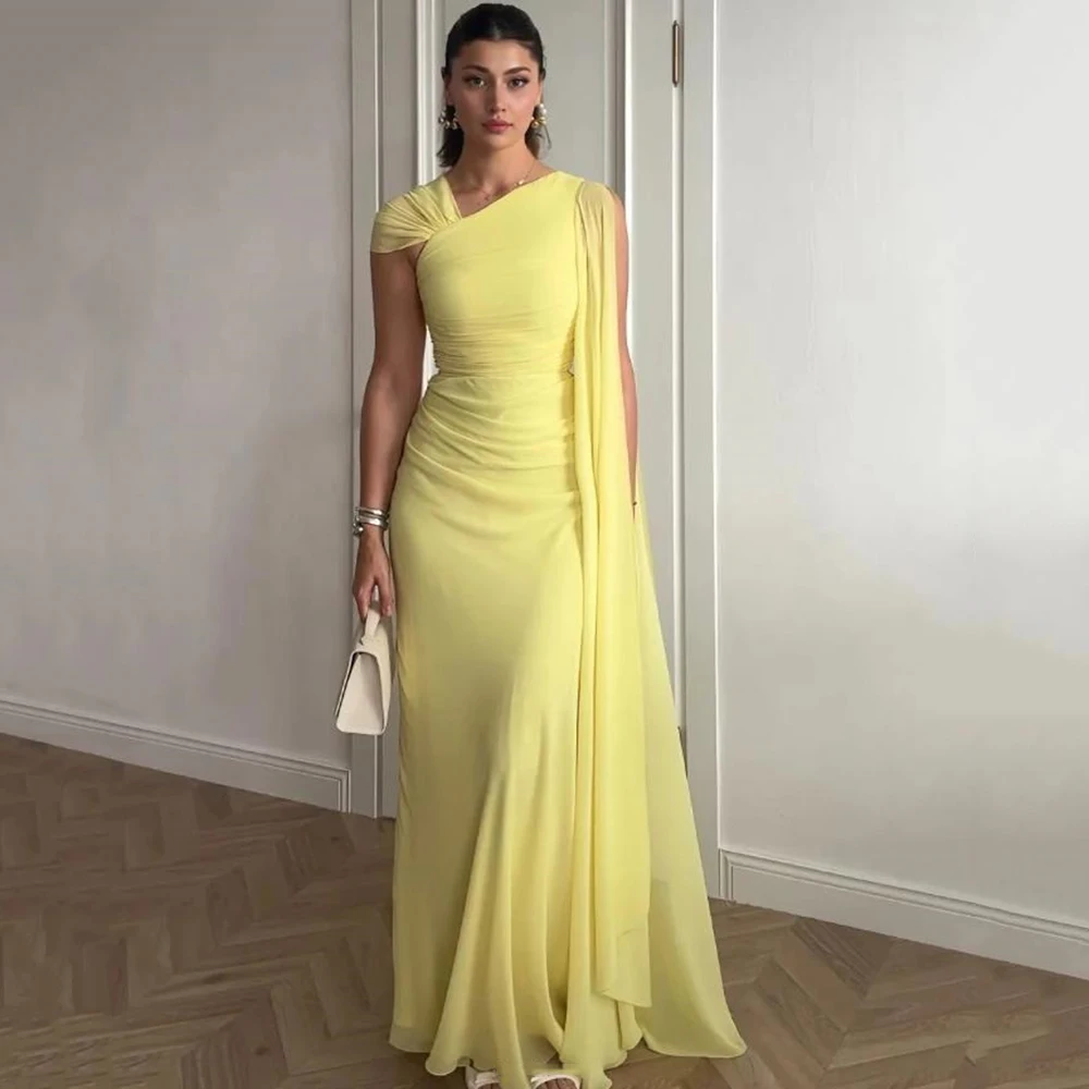 

Customized Simple Chiffon Yello Lrregular neckline Evening Dress Sweep Train Pleat Criss-Cross A-line Floor Length Elegant Gown