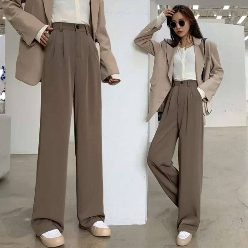 Women Suit Pant Clothing Elastic High Waist Straight Pants Casual Loose Solid Commuting Simple Plus Size Trousers Autumn Winter