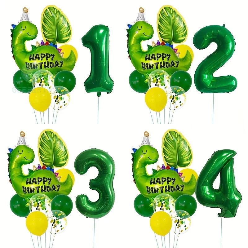 10 Pcs Dinosaur Digital Balloon Set Monstera Leaf Aluminum Foil Balloon Set Dinosaur Theme Kids Birthday Decoration