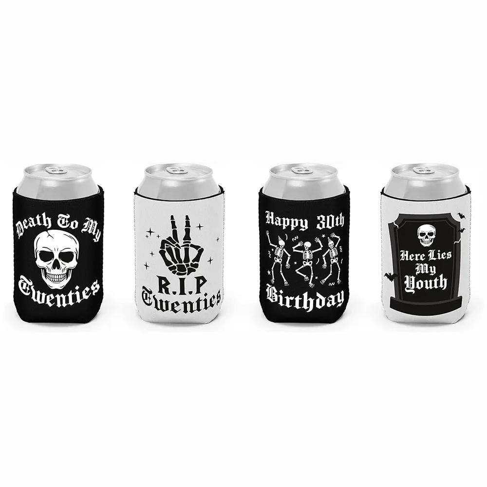

4Pcs Gothic 30th Birthday Can Sleeve Death To My 20s Party Decorations Horrible Skull Design Happy Halloween Funny Accessories