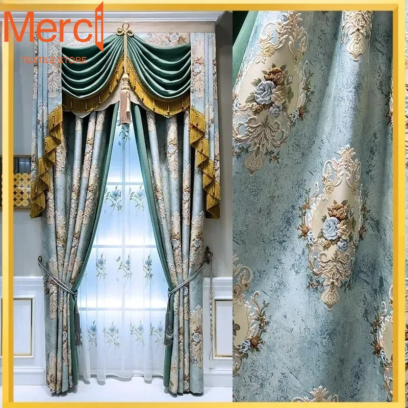 

High Grade Light Blue Relief Jacquard Curtains For Living Room Bedroom Villa French Window Custom Embroidered Window Screen