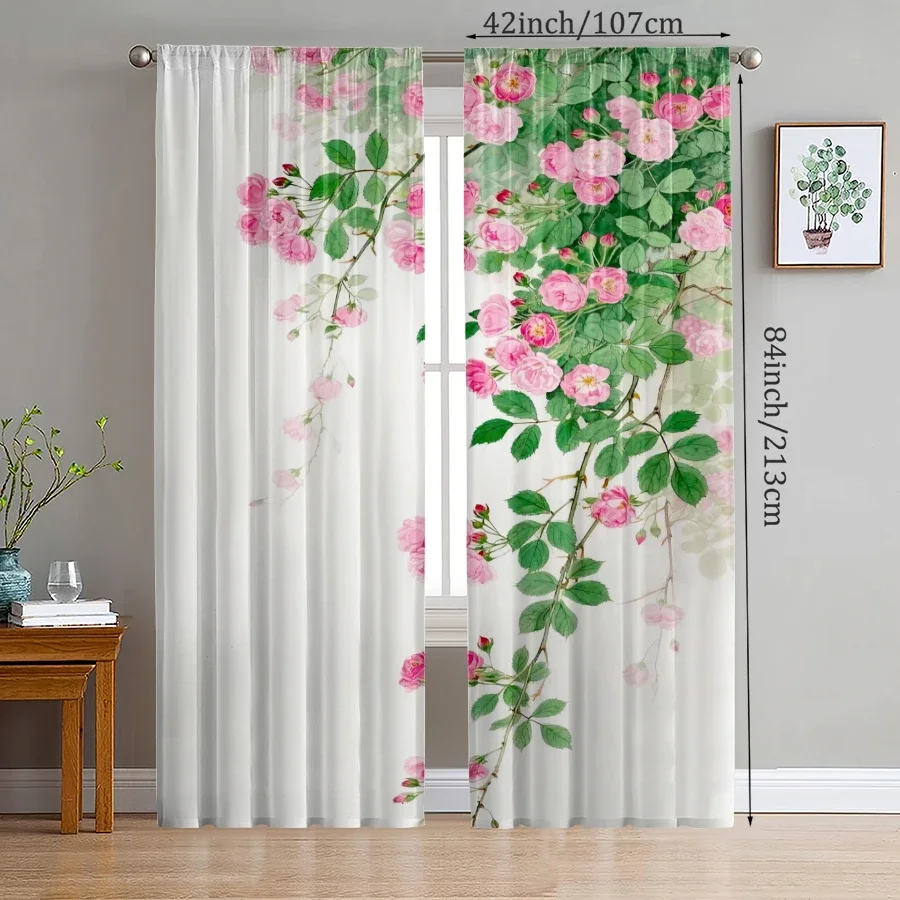 2 pieces - Pink rose printed curtains, pole bag curtains, Christmas decorations, home decorations, room decorations
