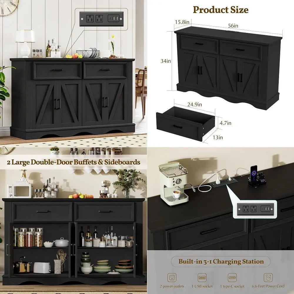 

59 Large Buffet Cabinet with 4 Doors and 3 Drawers, Buffet Sideboard Cabinet with Storage and 2 Adjustable Shelves, Coffee Bar,