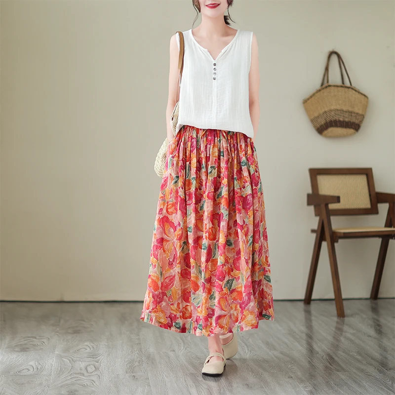 กระโปรงผ้าลินินพิมพ์ลายระบบป่าแบบเรโทรสำหรับผู้หญิง กระโปรงทรงเอเข้ารูปเอวสม็อคยืดหยุ่น ช่วยให้ดูผอมเพรียว เหมาะสำหรับฤดูร้อน ช่วยลดเลือนริ้วรอย