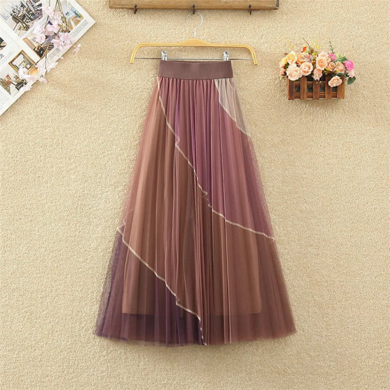 Mesh Skirt Elastic Waist Slim A-line Mid Length Pleated Skirt with Contrasting Color Stitching Women Comfortable Skirt 2023