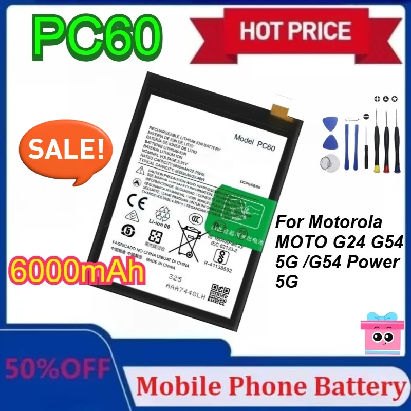 

New PC60 6000mAh Battery for Motorola MOTO G54 G24 5G /G54 Power 5G Phone Mobile Phone Batteries with tools