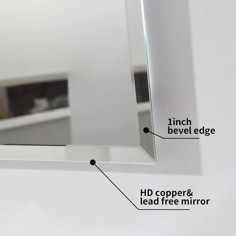 Frameless Rectangular Beveled Edge Bathroom Mirror, Wall-Mounted 20x28, Horizontal Hanging Option