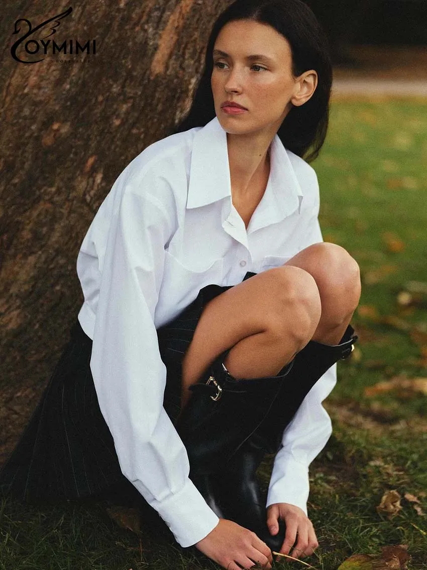 Oymimi Fashion White Cotton Women's Shirt Elegant Peter Pan Collar Long Sleeve Blouses Casual Single Breasted Pockets Shirts