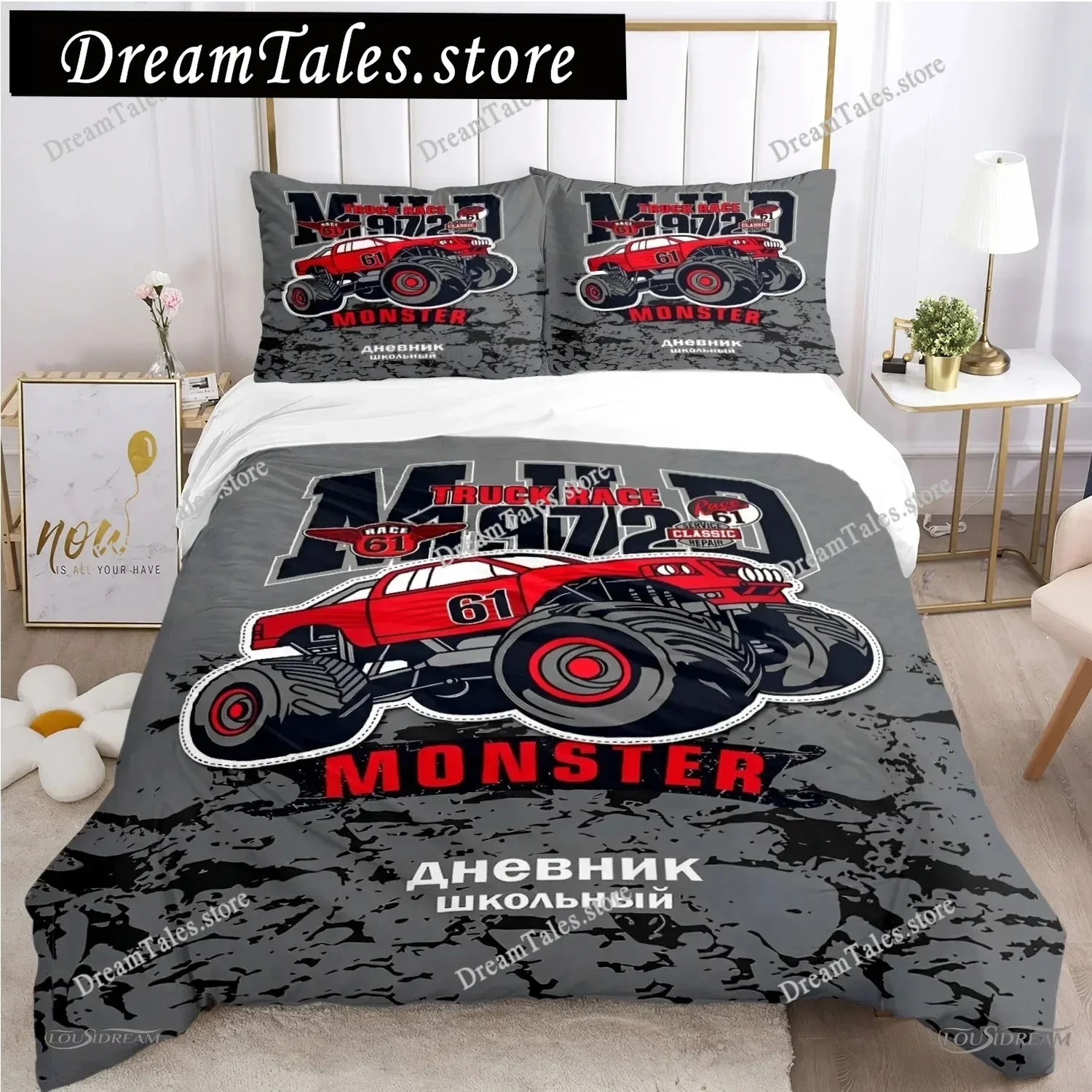 

Monster Truck Duvet Cover Catroon Monster Jam Bedding Sets Soft Quilt Cover and Pillowcases for Teens Single Double Queen King