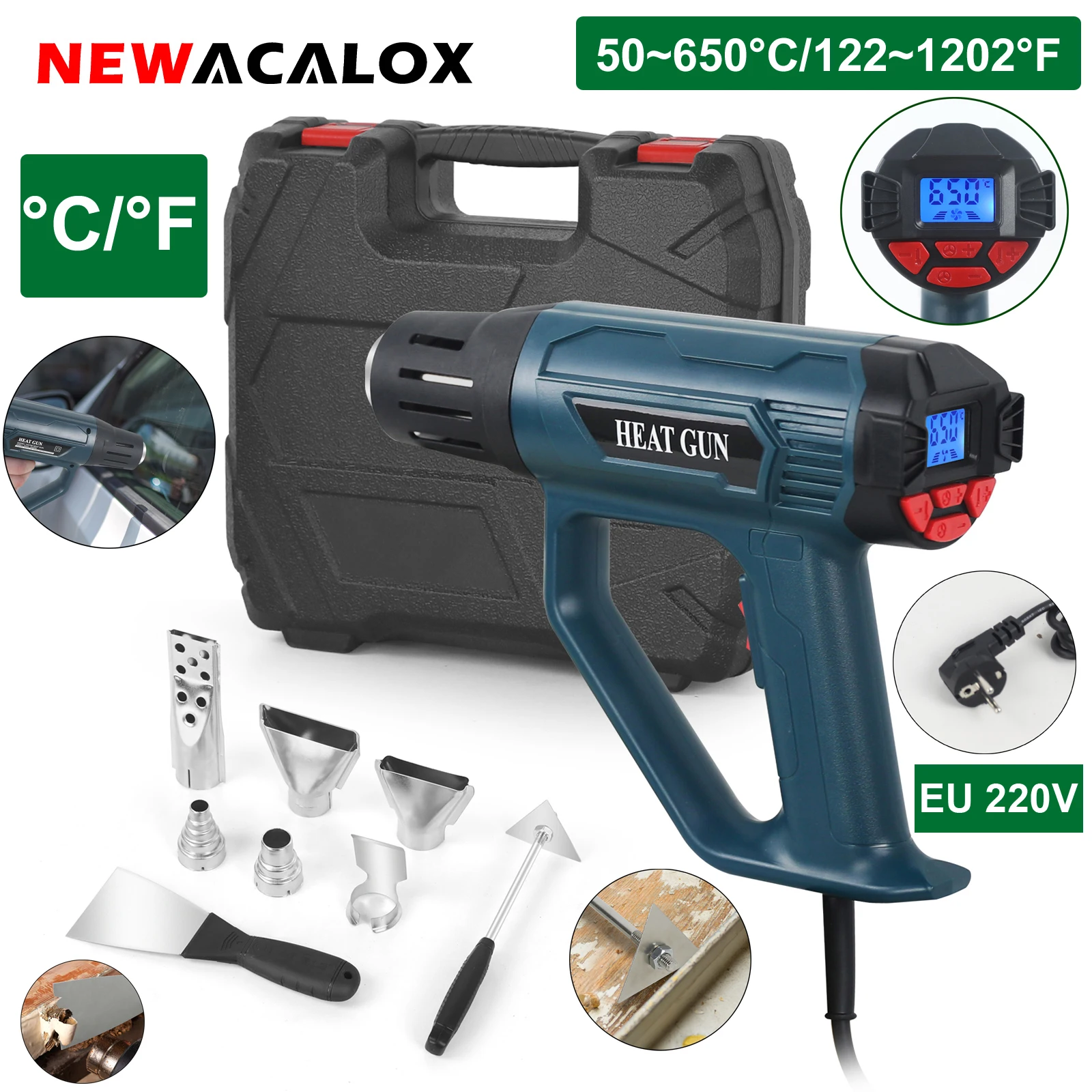 

Heat Gun 2000W 122℉~1202℉（50℃- 650℃） Fast Heating Hot Air Gun Kit Overheat Protection with 4 Nozzles for Crafts, Shrinking PVC