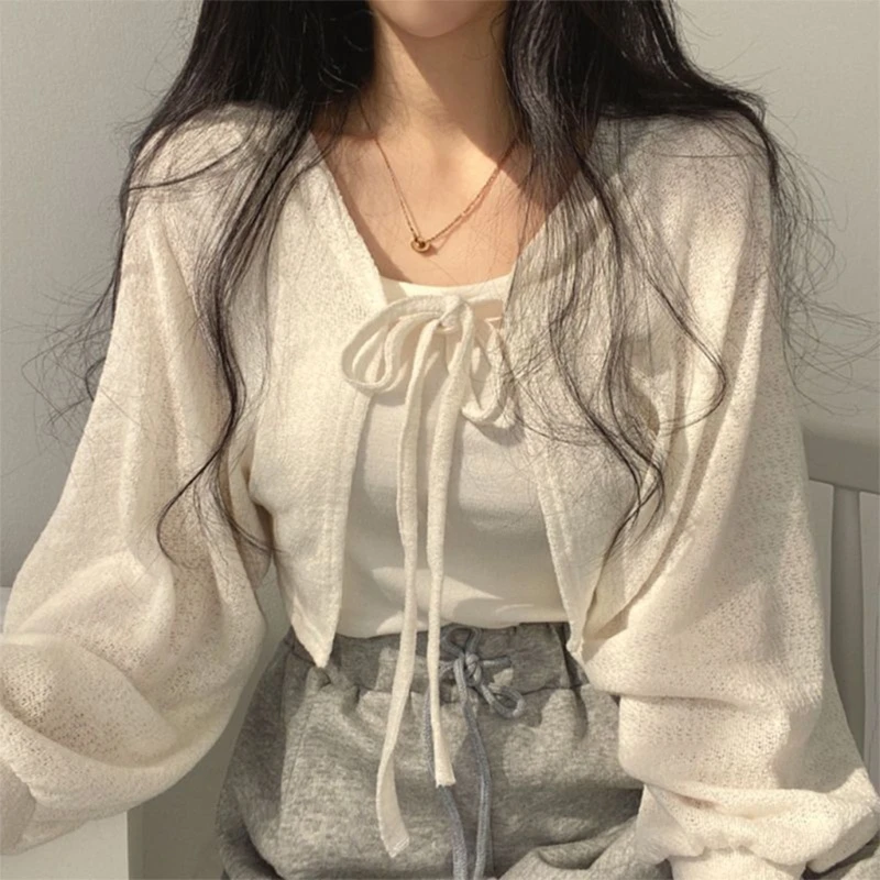 Lightweight Cardigan for Women Lace-up Summer Knitwear with Lantern Sleeves Korean Short Coat for Vest T-shirt