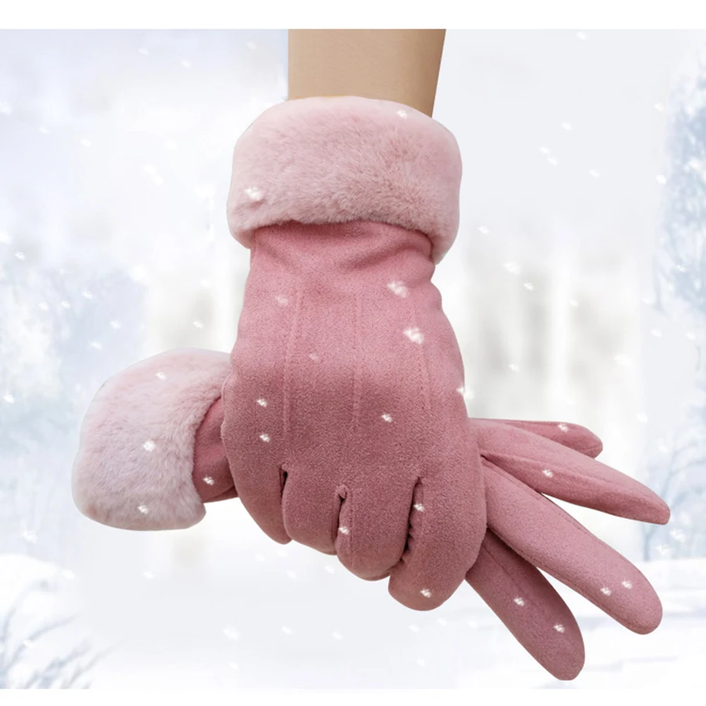 

1pcs 1 Pair Lovely Warm Suede Gloves Women Pink Thick Breathable Flexible Winter Stylish Touch Screen Warm Gloves For Women