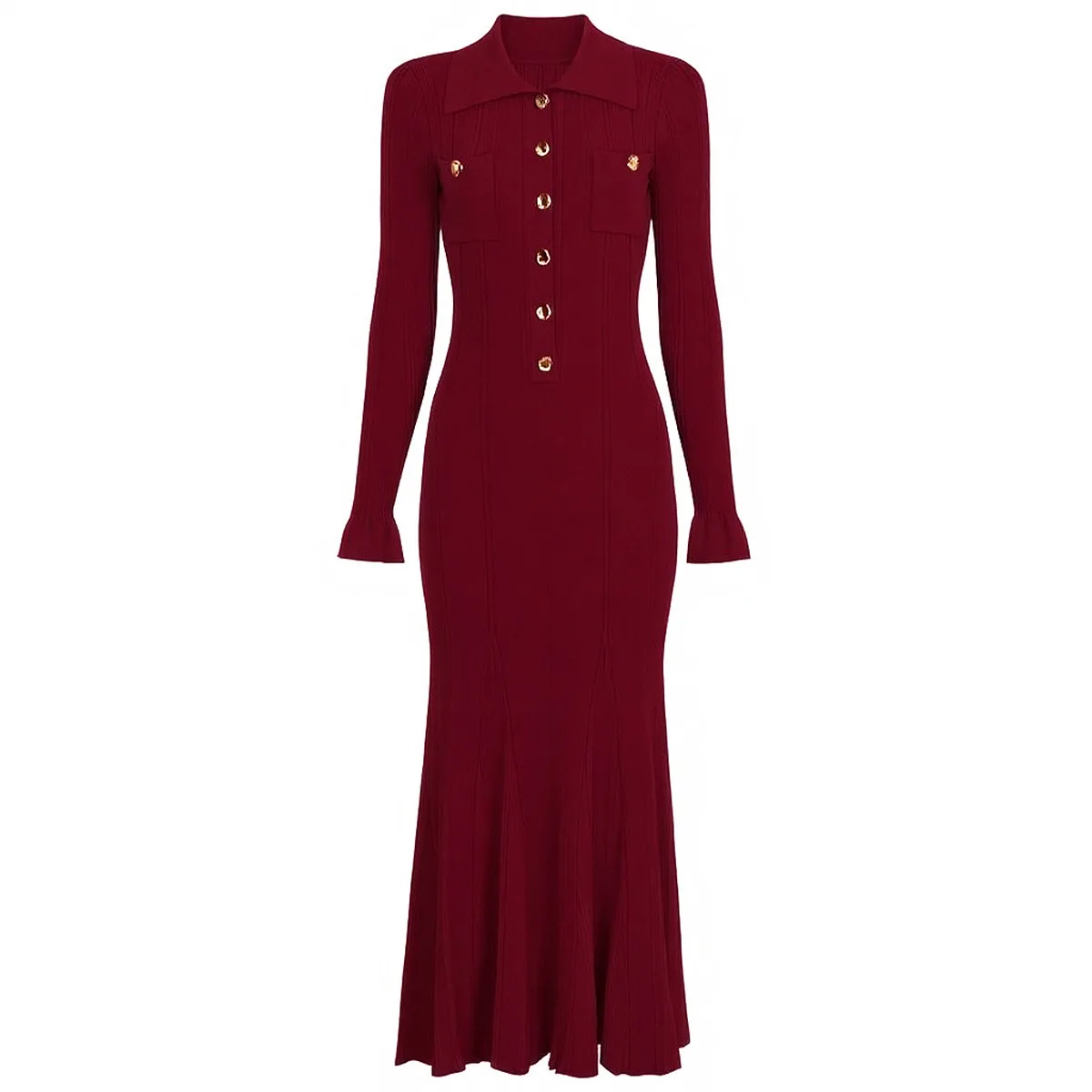 

Quality Autumn Elegant POLO Collar Long Sleeved Knitted Dress For Women Button Pleated Knitwear Knitting Sweater Midi Dresses