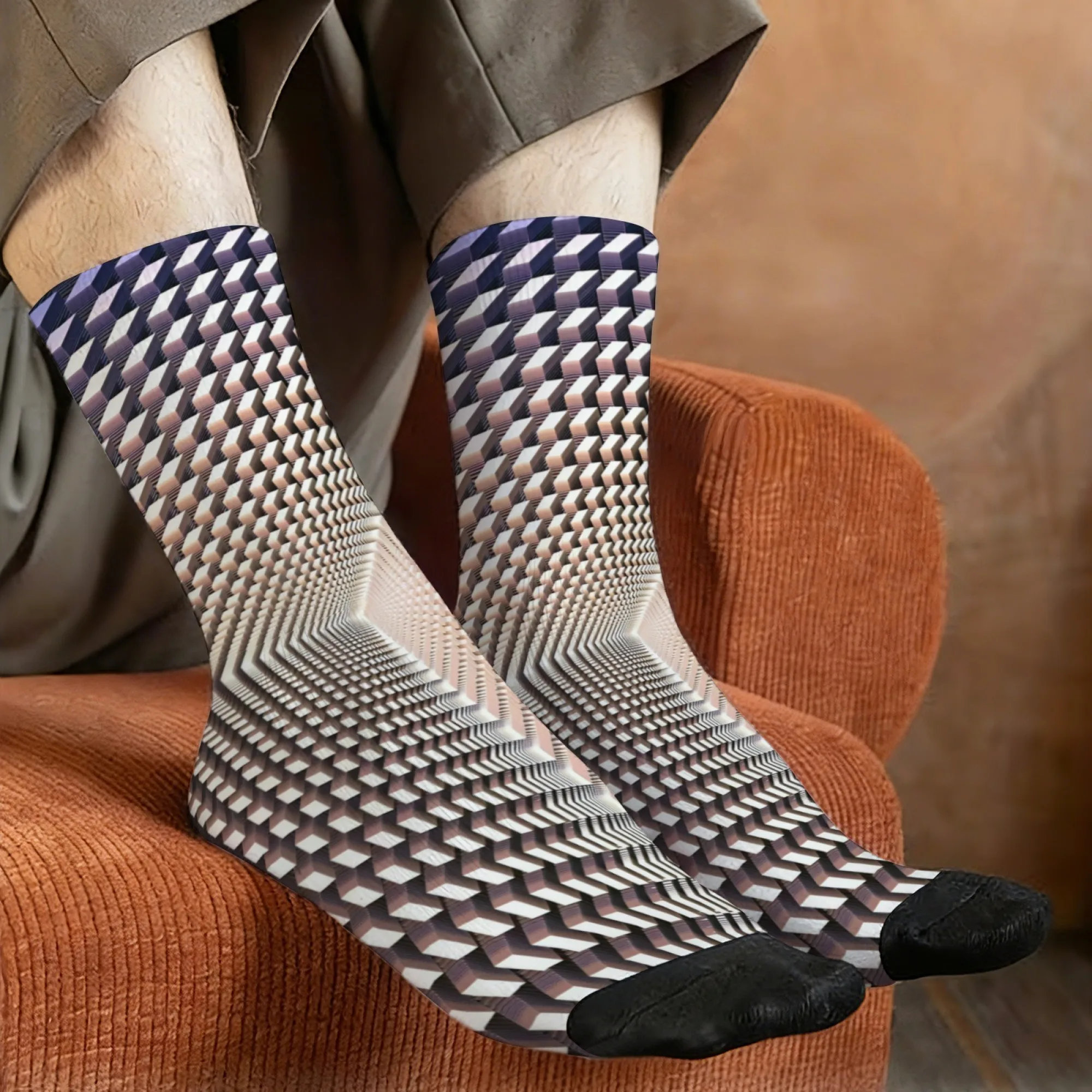 Geometric Block Optical Illusion Socks Durable Lightweight Wrinkle-Resistant Men's Socks Cycling Hiking Camping Novelty Socks