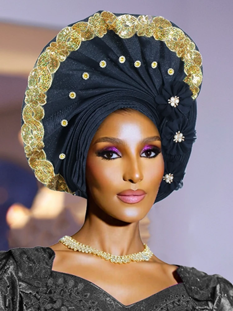 

Glitter Full Body Pleated Turban Cap For Women 2025 Lady Head Wraps Muslim Headscarf Hat Turbante Mujer African Headpiece