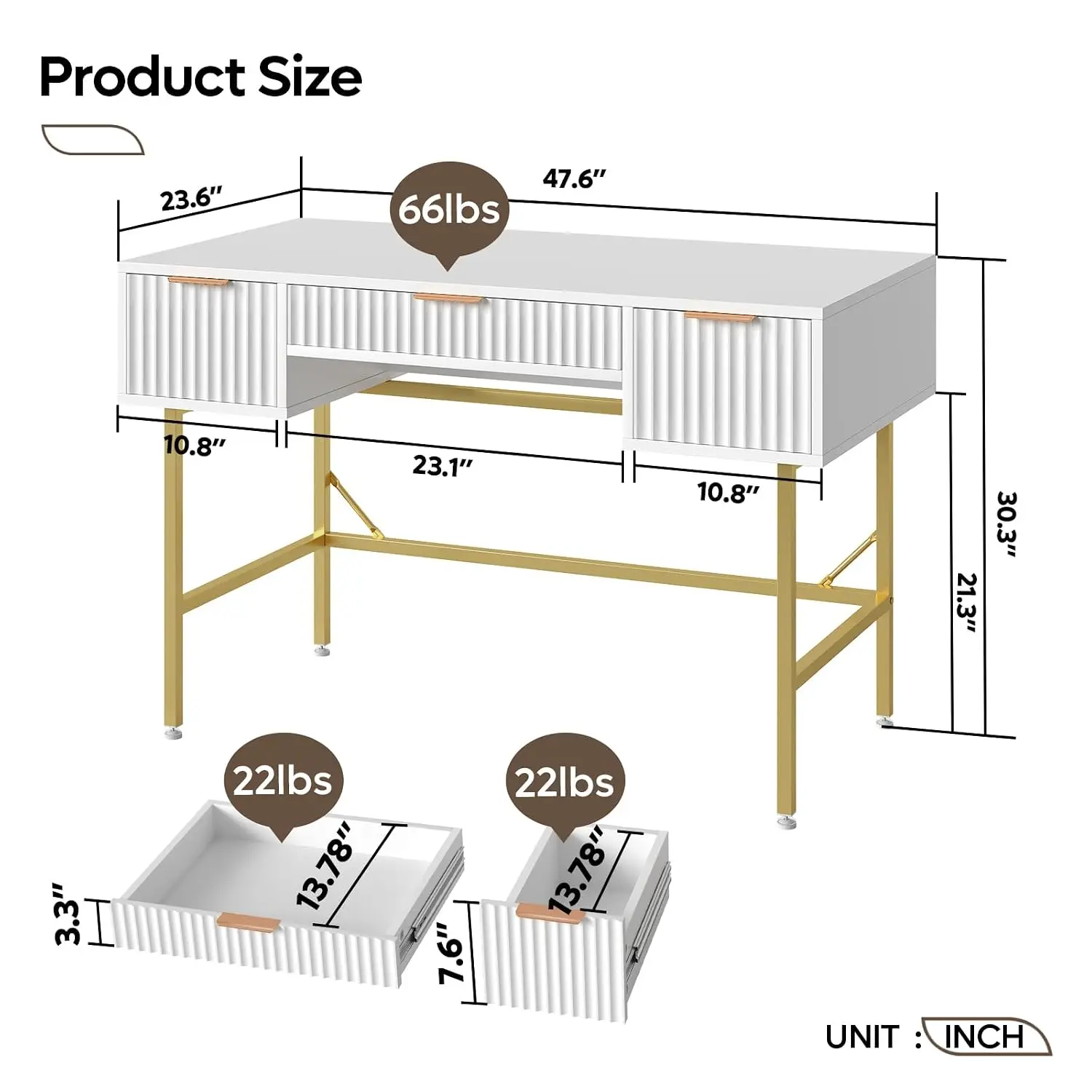Fluted Writing Desk With Drawers For Home Office & Bedroom, 47.6 Inch Modern Vanity Makeup Table, White & Gold, Customized