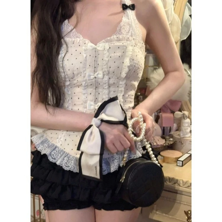 Elegant Sweet Wave Point Lace Slim Fit Vest for Women+ Y2k High Waist Ruched Cake Skirts 2024 Summer New Two Piece Sets