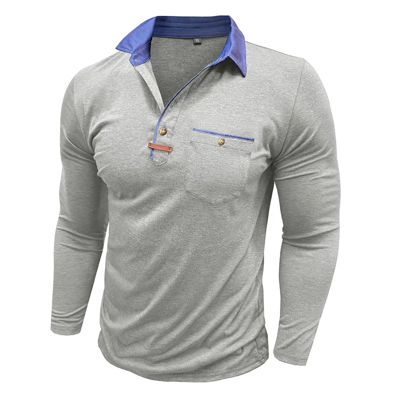 Langarm-Poloshirt für Herren, lässig, schmale Passform, Henley-Kragen, T-Shirt mit Tasche, Smart Blend Tops – Detail 28