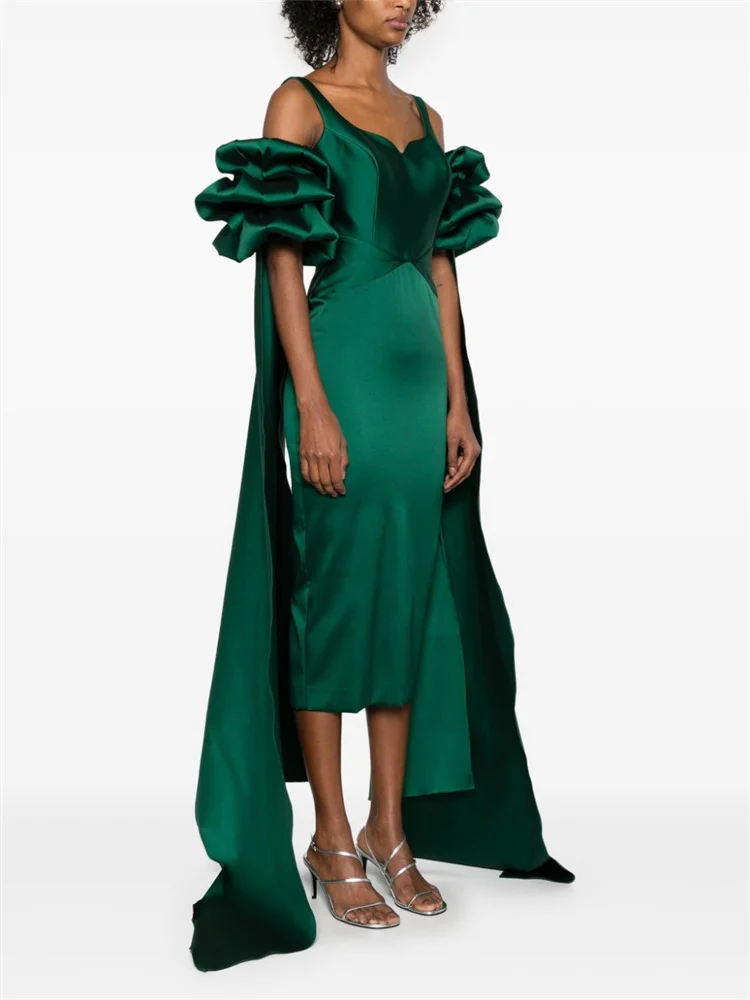 Aangepaste Sweetheart Neckline Korte Ruffled Puff Mouwen Avondjurk Open Rug Rits Enkel Lengte Achter Slit Gown Voor Vrouwen