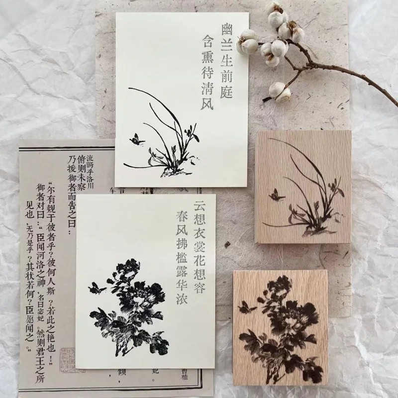 

Vintage Wash Painting Penoy Lotus Chinese Cymbidium Wooden Rubber Stamp DIY Scrapbooking Photo Album Card Making Wood Seal