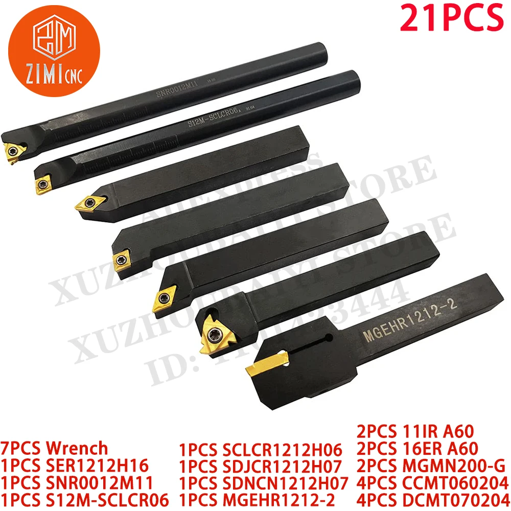 7PCS 12mm Shank Indexable cnc Carbide Lathe Turning Tool Holder + 14PCS Turning Indexable Carbide Inserts CNC tool cutting tools