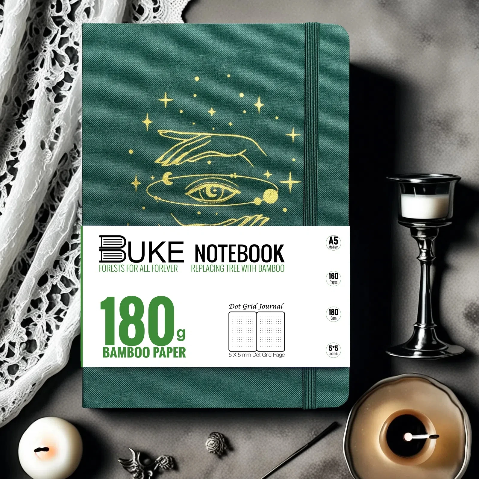 BUJO Dot Grid Notebook A5 – Premium-Tagebuch mit Hardcover, 180 g/m2 dickes Papier, silberne Kanten, 160 Seiten, Taschen- und Geschenkbox