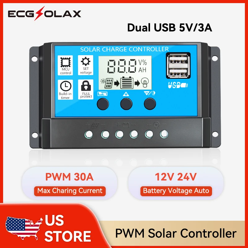 ECGSOLAX PWM الشمسية جهاز التحكم في الشحن 30A 12 فولت 24 فولت بطارية شحن تحكم PWM 30A منظم شحن بالطاقة الشمسية مع USB مزدوج 5 فولت/3A #1
