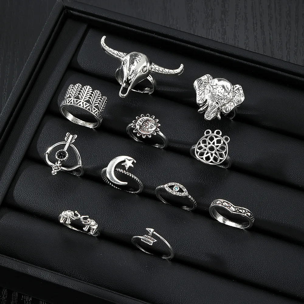 11Pcs/Set Silver Color Gothic Ring Set Bull Head Elephant Head Heart Eye Trendy Mix And Match For Daily Outfits Accessories