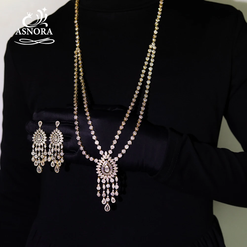 Electric Gold Plated Color Two-layer Fringe Long Sweater Chain Necklace Earring Sets For Women Wedding CZ African Bridal Jewelry