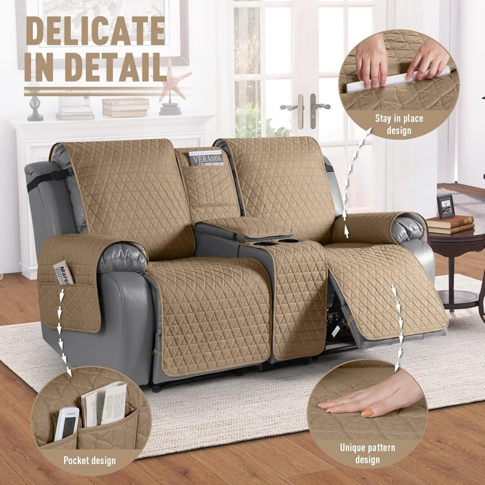Capa reclinável de loveseat à prova d'água com console, protetor de móveis lavável antiderrapante para animais de estimação e crianças