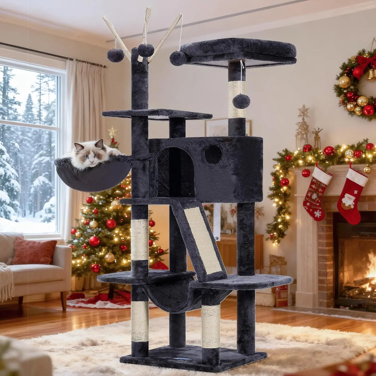 

53-Inch Cat Tower with Padded Bed, Cozy Condo, Hammocks & Scratching Posts for Indoor Cats in Smoky Gray