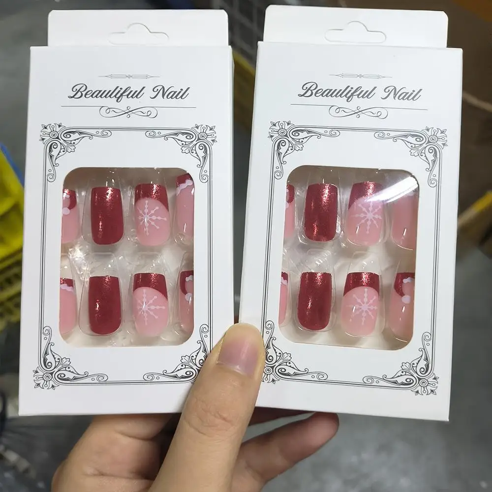 24 Stücke Weihnachten Rot Glitter Gefälschte Nägel Weihnachten Hut Weiße Schneeflocke Streifen Design Drücken Sie Auf Nagel Kurze Quadratische Weihnachten Falsche nagel Tipps