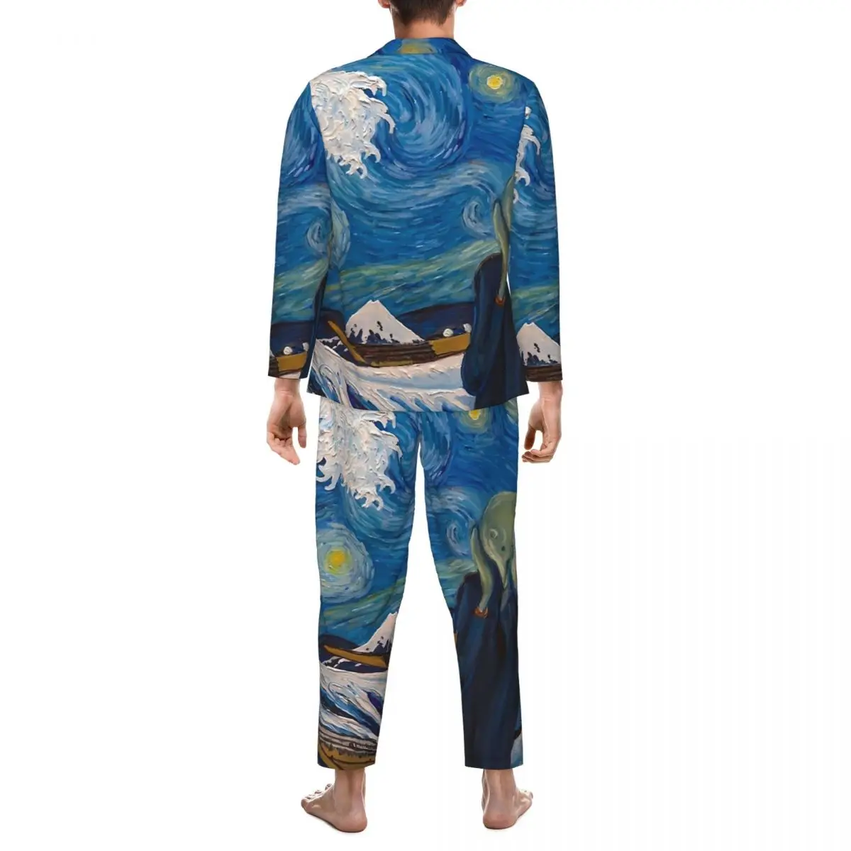 Van Gogh Starry Night Sleepwear Autumn The Great Wave Vintage Oversized Pajama Sets Men Long Sleeve Kawaii Room Design Nightwear