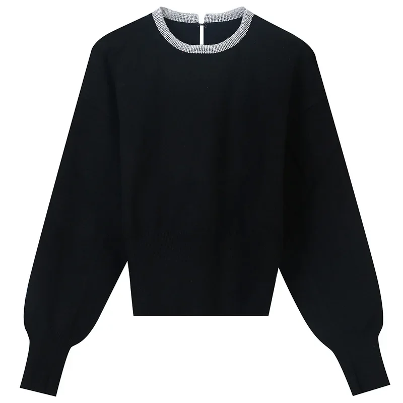 Slim Knitted Sweater Women Round Neck European and American Clothing Autumn Winter Contrasting Color Versatile Tops Pullover OL